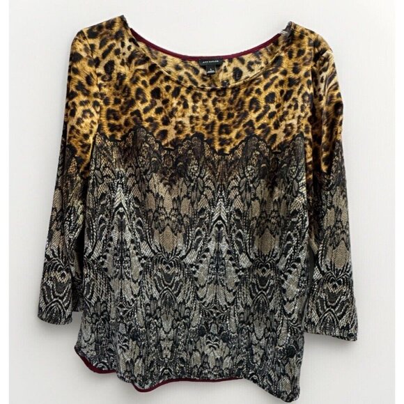 Ann Taylor Brown Black Animal Print Lace Blouse Top Shirt Size Large Fancy Cute - Picture 1 of 8